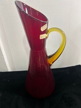 Blenko / pilgrim glass Ruby Red Glass Pitcher with Amber Handle